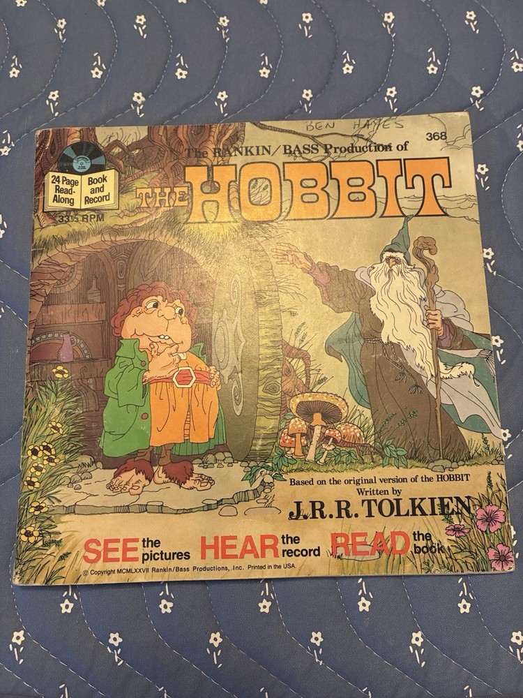 The Hobbit Read-Along Book and Record by JRR Tolkien, Rankin Bass 1977 Vinyl