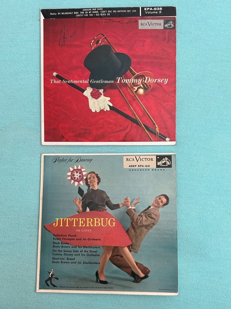 7 Tommy Dorsey songs on two 7″ RCA EP 45s in original color cardboard jackets