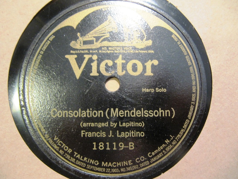 1916 Francis LAPITINO Harp Mendelssohn CONSOLATION Dvorak Humoreske VICTOR 18119